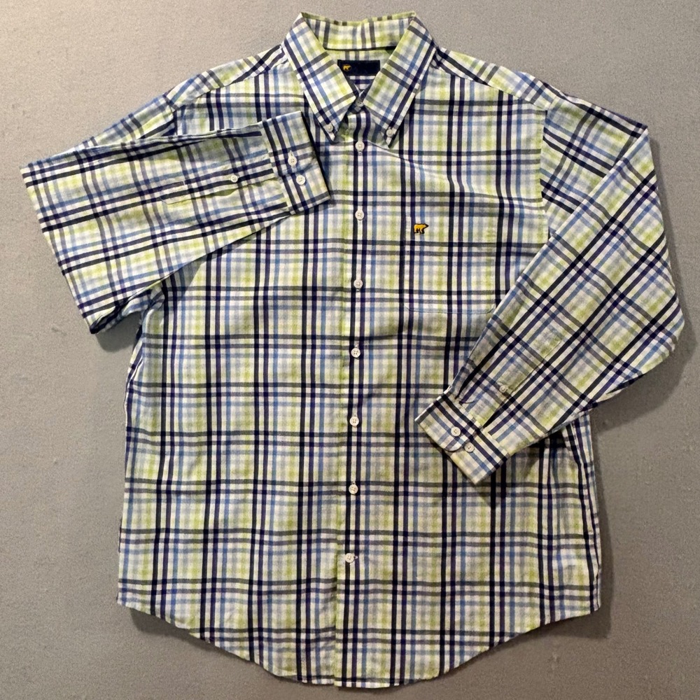 Jack Nicklaus Mens Plaid Button Down Shirt Blue Green Golden Bear Logo Large